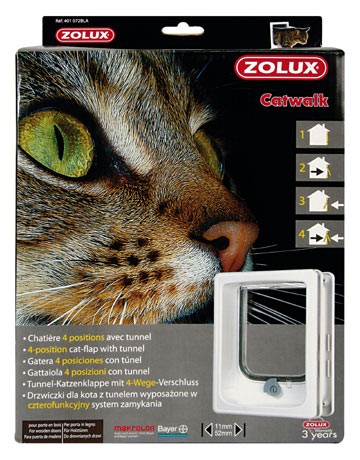 Chatiere porte bois à 4 positions avec tunnel, Couleur: Blanc